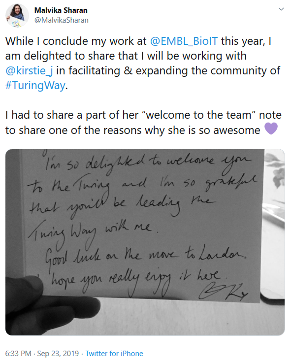 Screenshot of tweet with picture of handwritten card